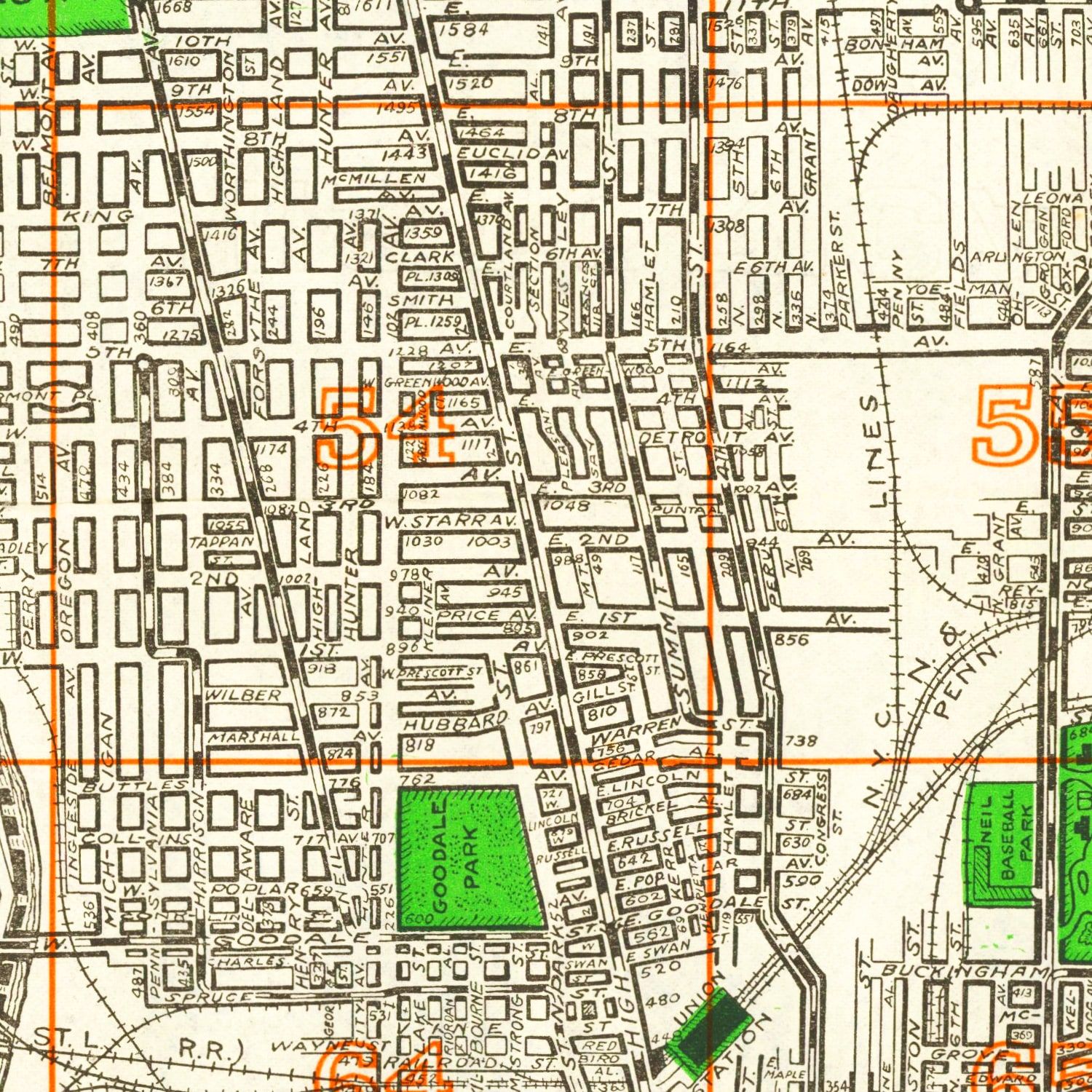 Restored historic details from the 1916 city map of Columbus, Ohio