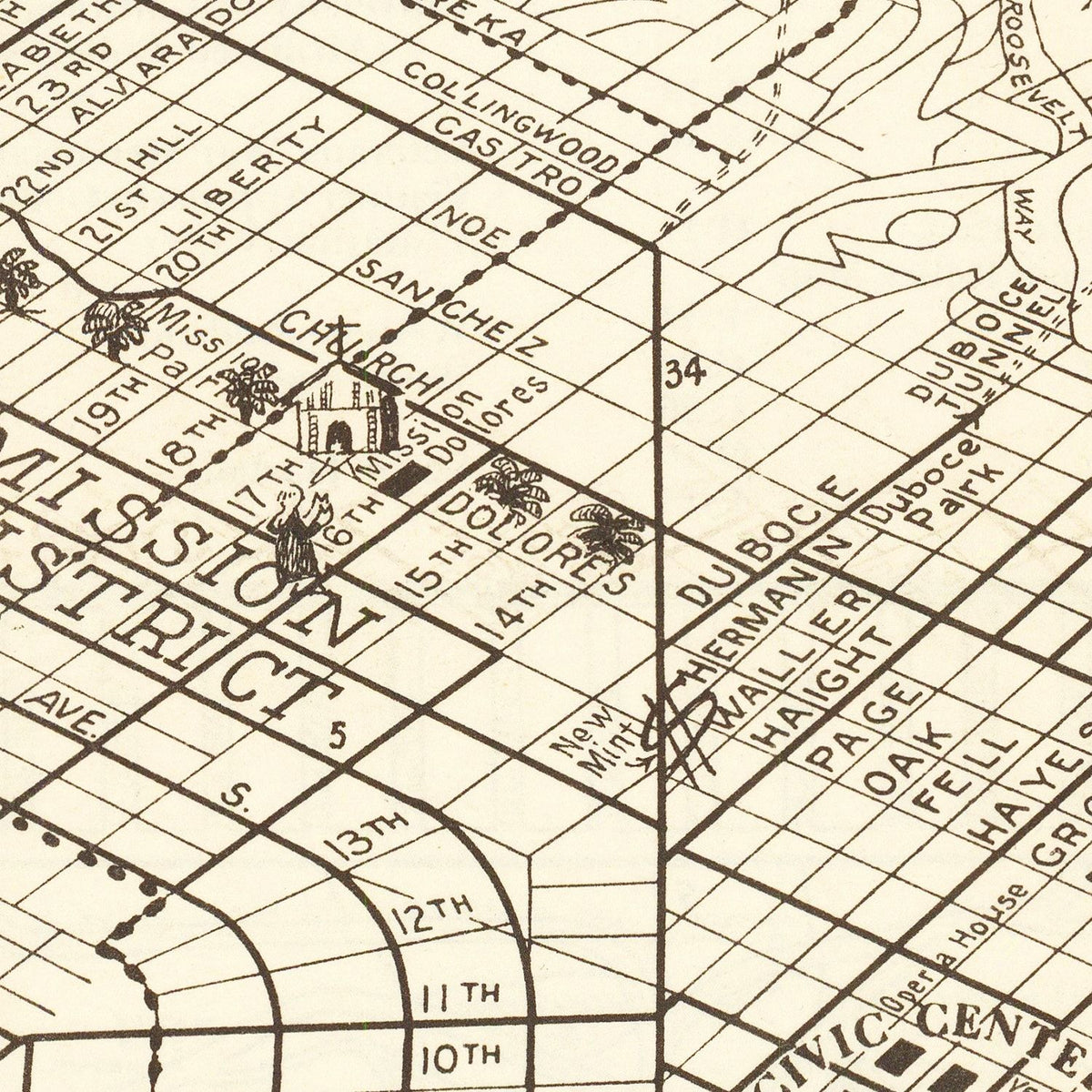 Restored historic details from the 1939 city map of San Francisco, California