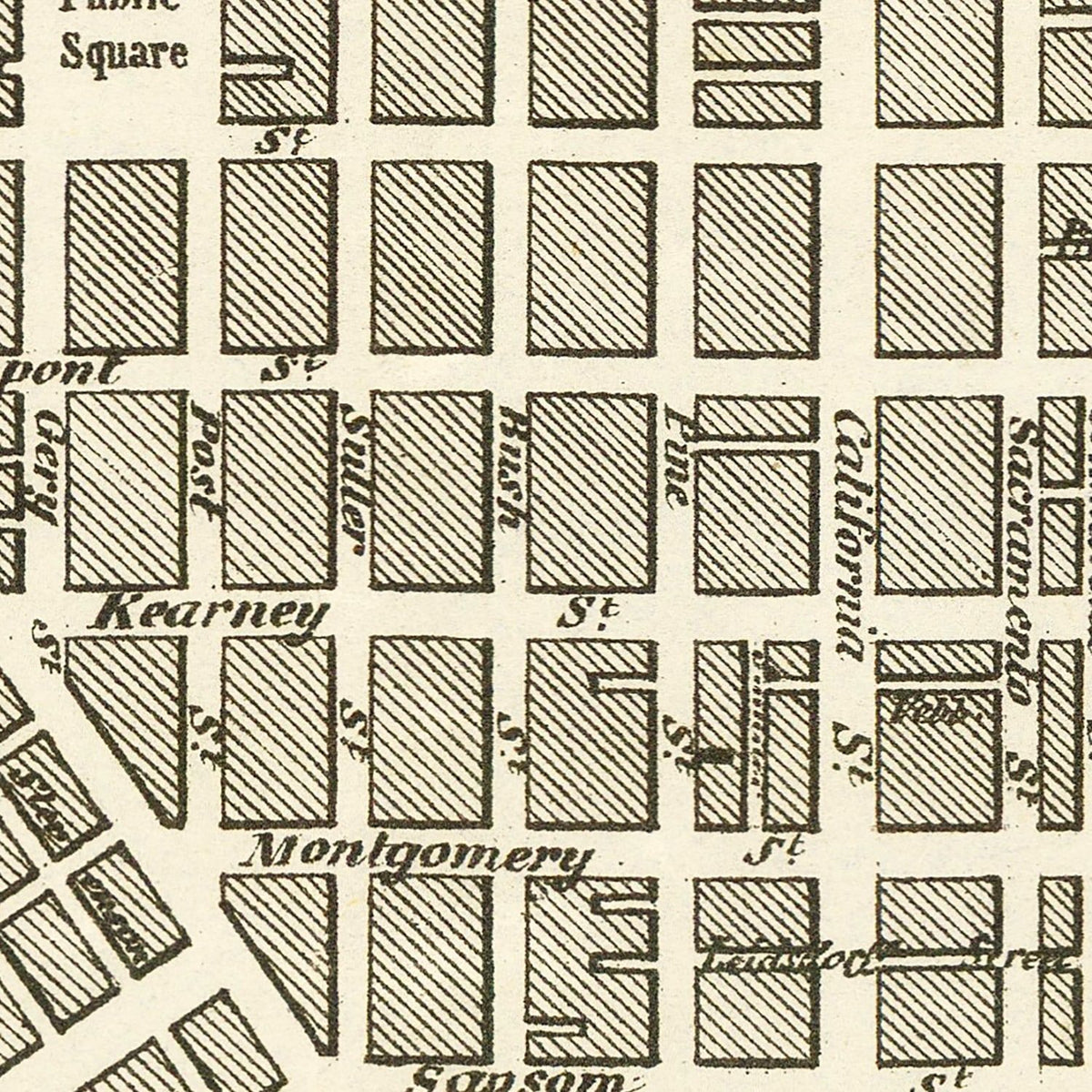 Restored historic details from the 1852 city map of San Francisco, California