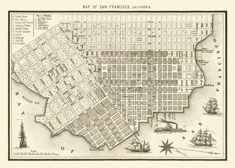 Vintage Map of San Francisco, California 1852 print style example