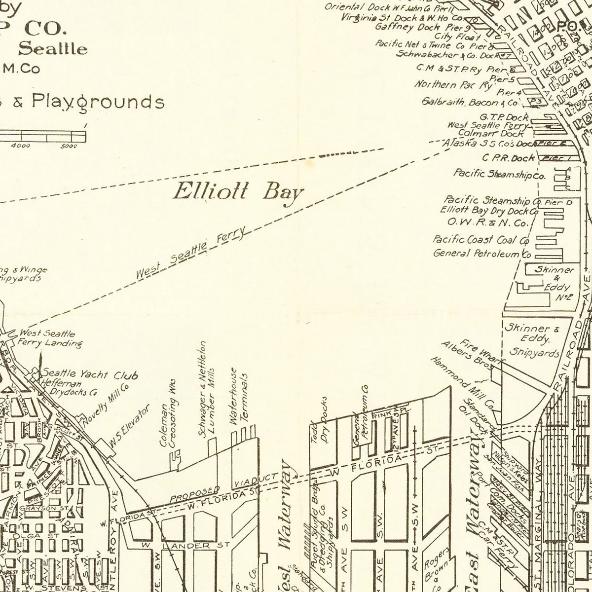 Restored historic details from the 1920 city map of Seattle, Washington