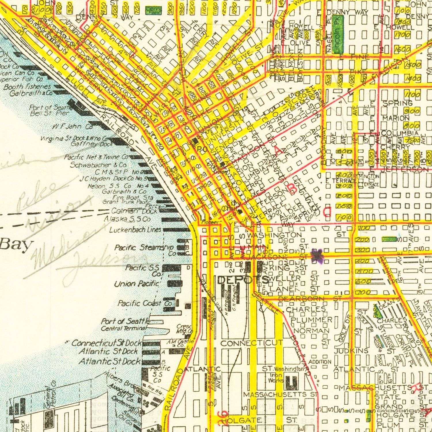 Restored historic details from the 1924 city map of Seattle, Washington
