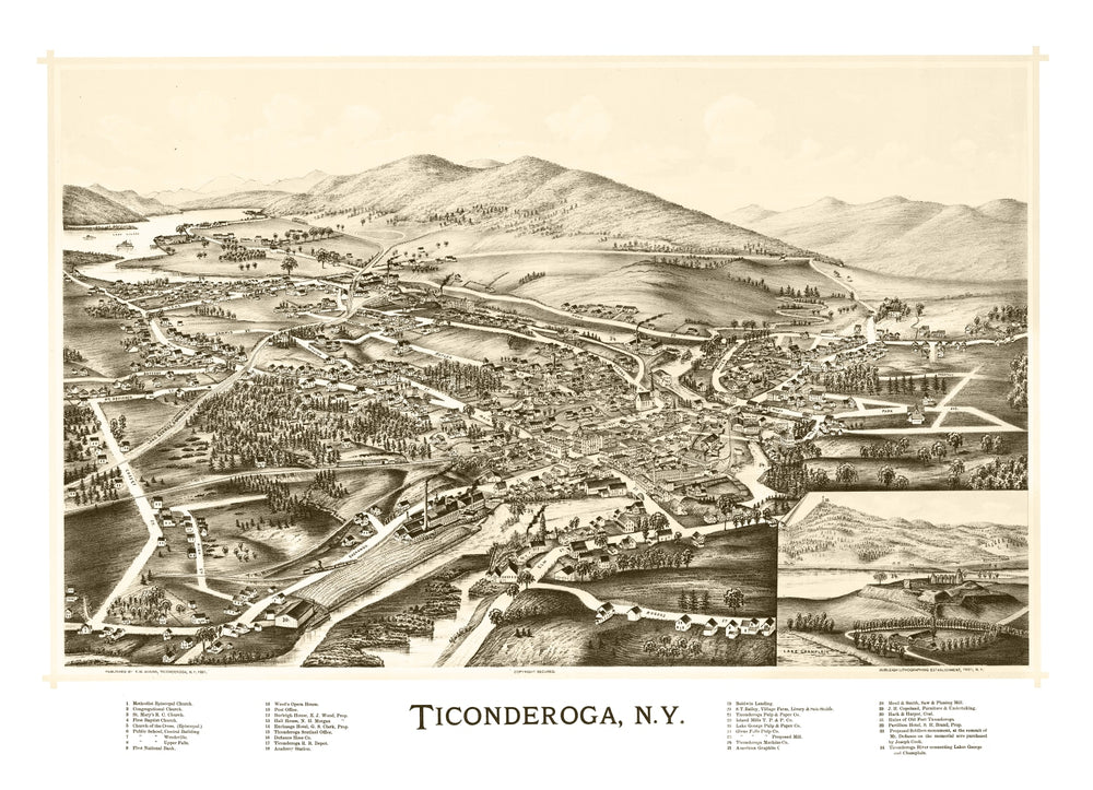 Vintage Map of Ticonderoga, New York 1891 print style example