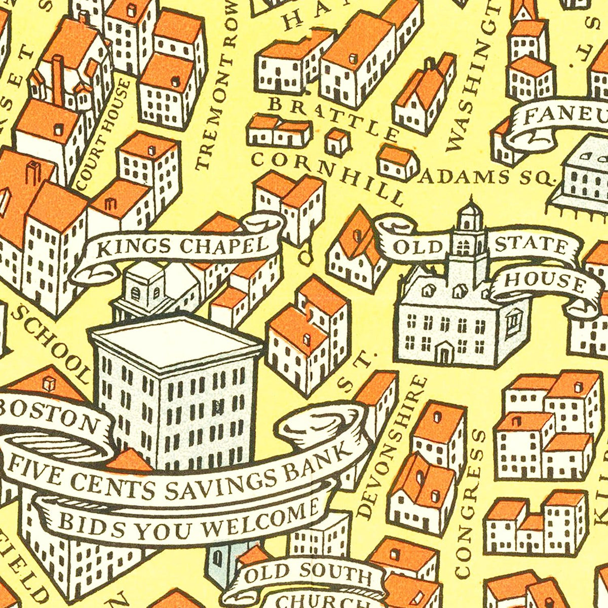 Restored historic details from the 1929 city map of Boston, Massachusetts