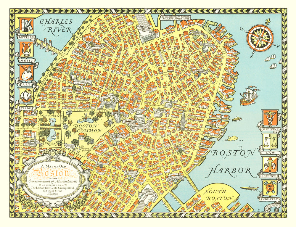 Vintage Map of Boston, Massachusetts 1929 print style example