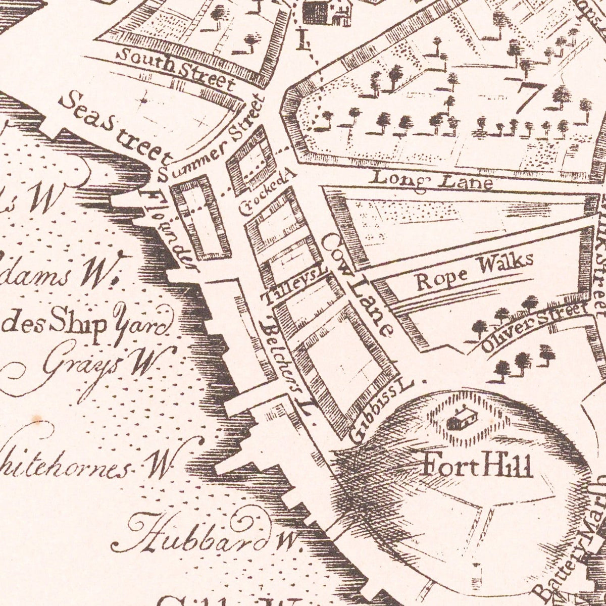 Restored historic details from the 1728 city map of Boston, Massachusetts