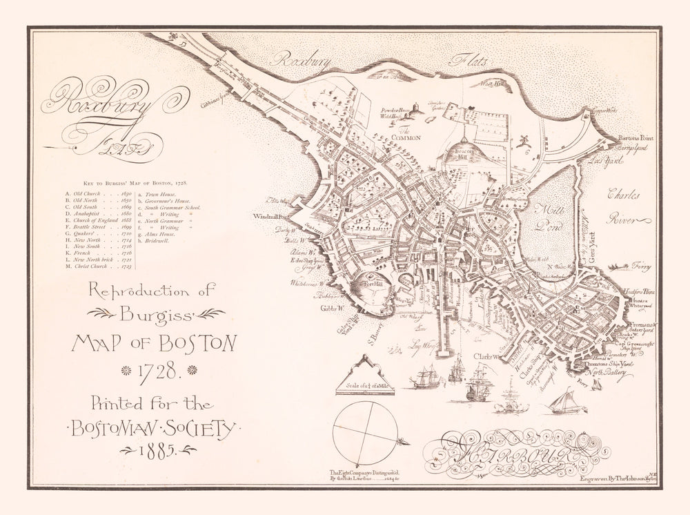 Vintage Map of Boston, Massachusetts 1728 print style example