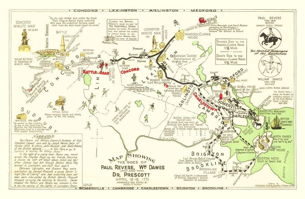 Vintage Map of Rides of Paul Revere, 1929 print style example