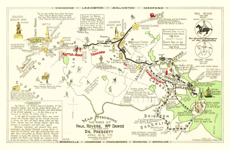 Size comparison using Vintage Map of Rides of Paul Revere, 1929