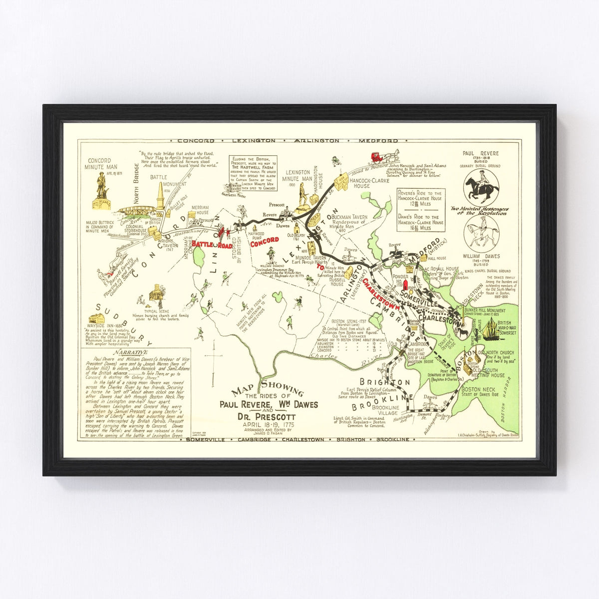 Rides of Paul Revere Vintage Map 1929