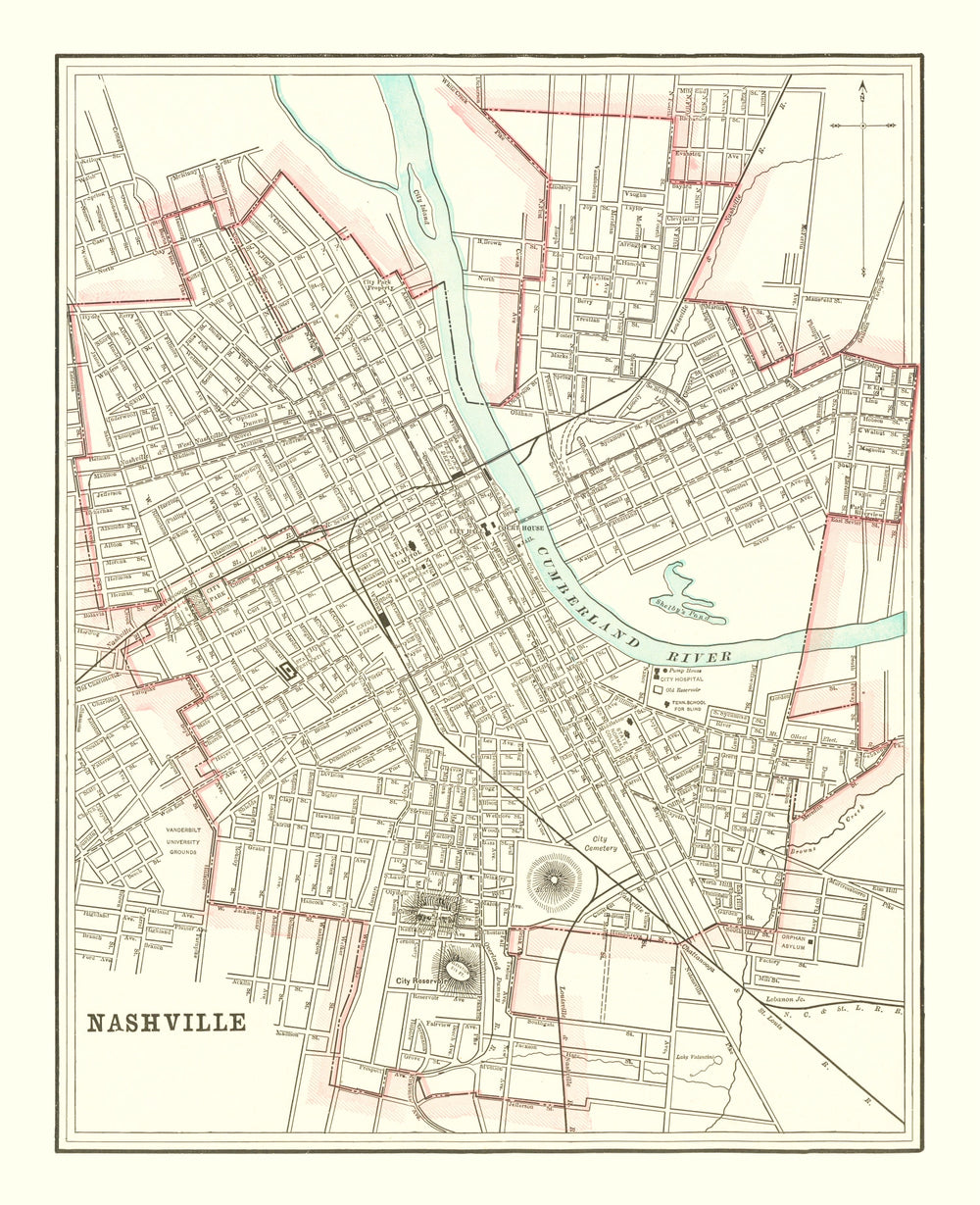Vintage Map of Nashville, Tennessee 1895 print style example