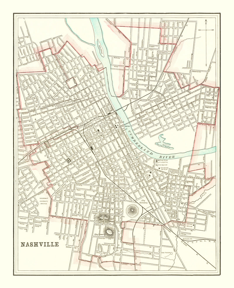 Size comparison using Vintage Map of Nashville, Tennessee 1895