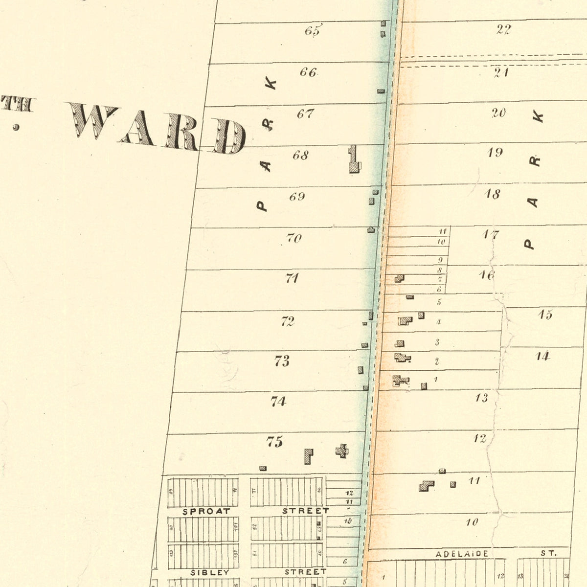 Restored historic details from the 1853 city map of Detroit, Michigan