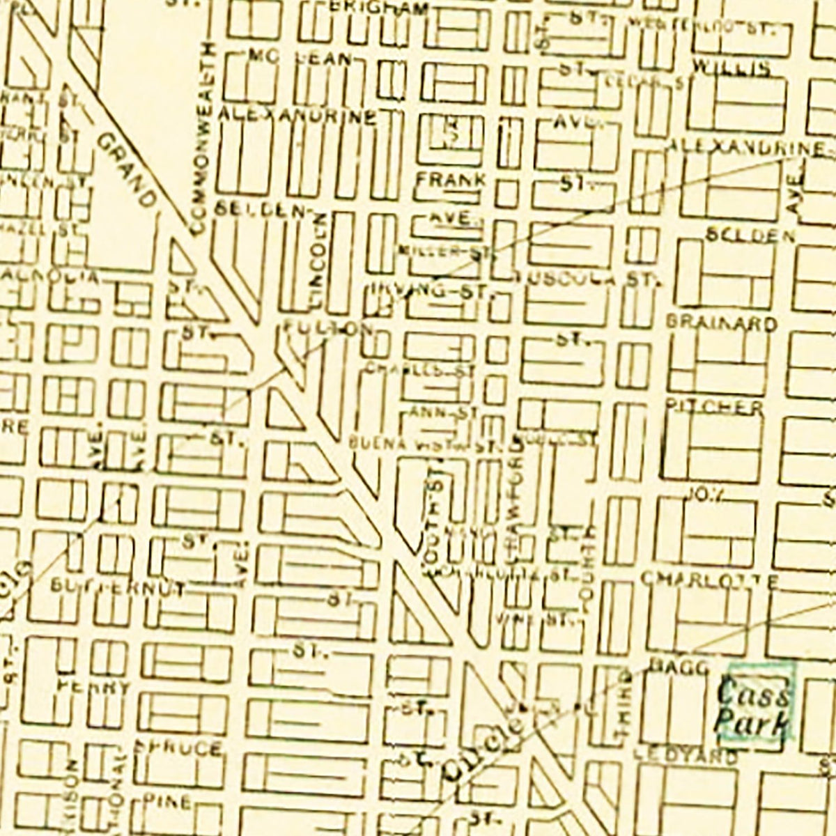 Restored historic details from the 1892 city map of Detroit, Michigan
