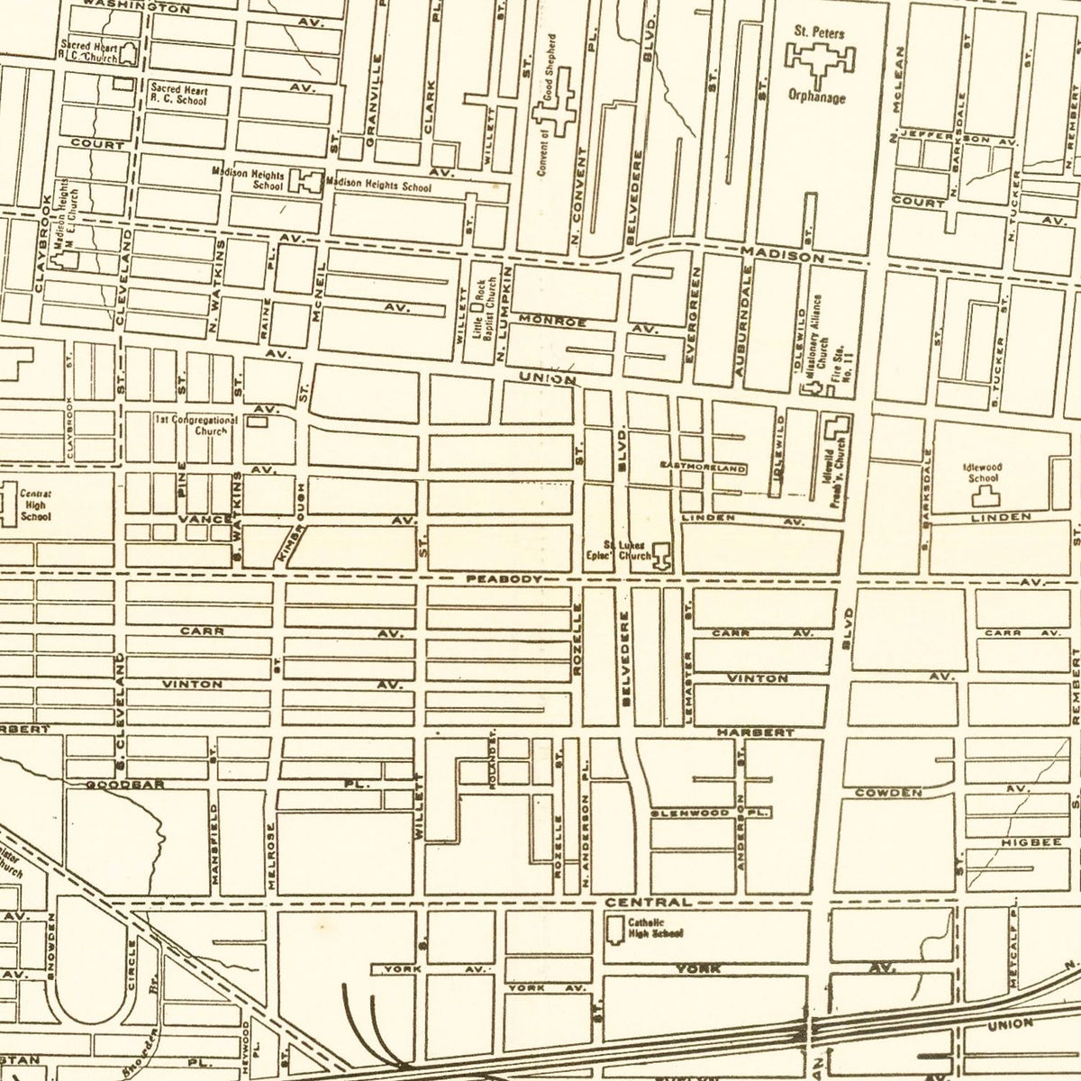 Restored historic details from the 1925 city map of Memphis, Tennessee