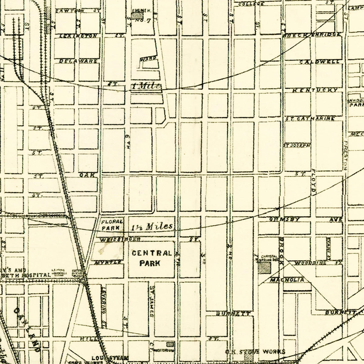 Restored historic details from the 1893 city map of Louisville, Kentucky