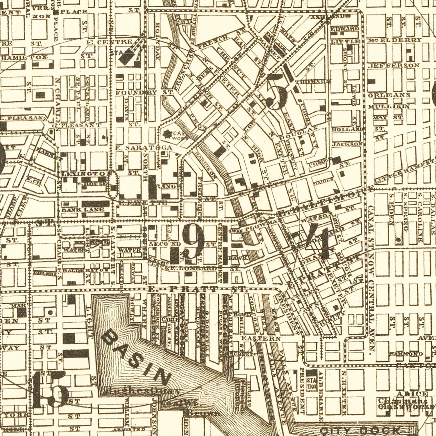 Restored historic details from the 1873 city map of Baltimore, Maryland