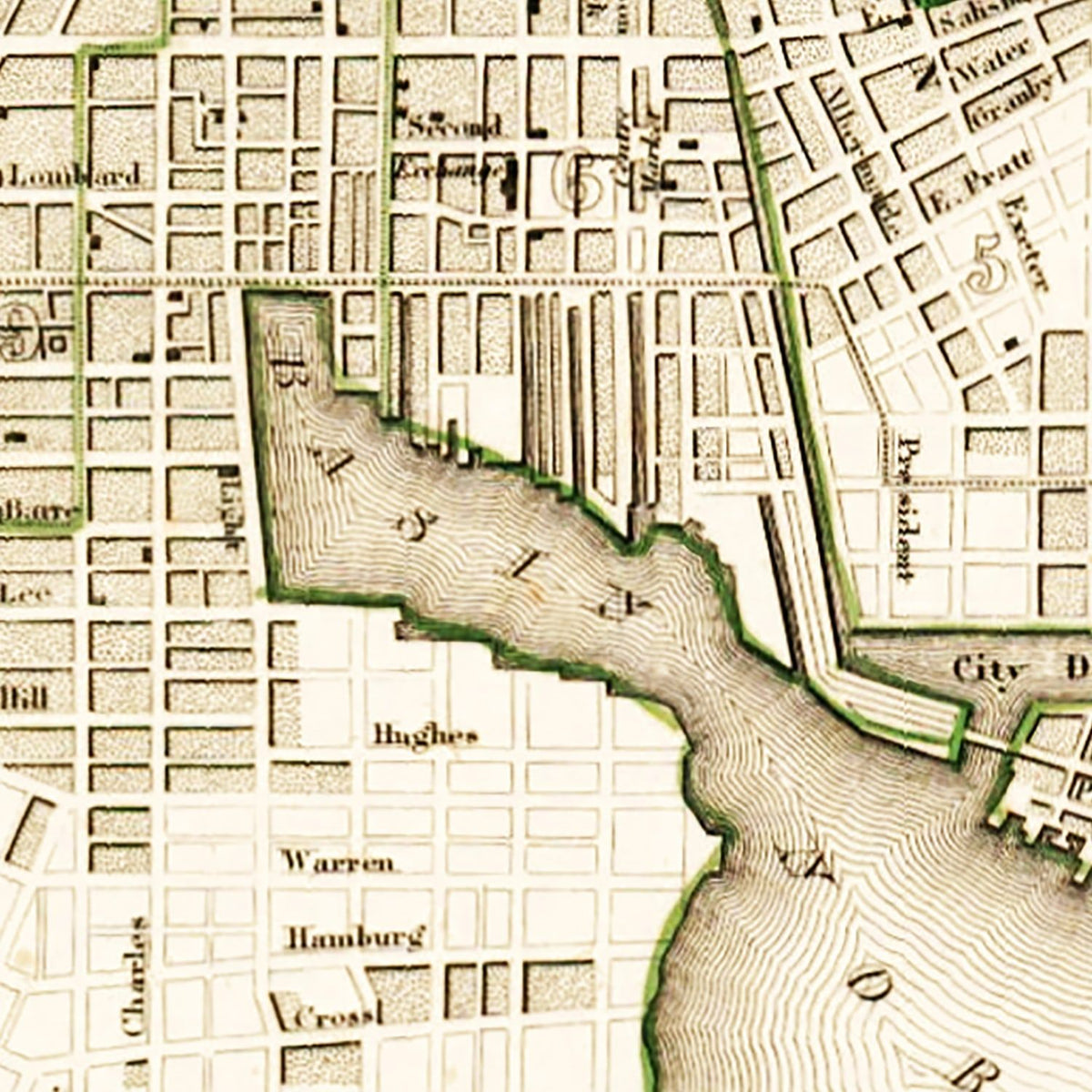 Restored historic details from the 1838 city map of Baltimore, Maryland