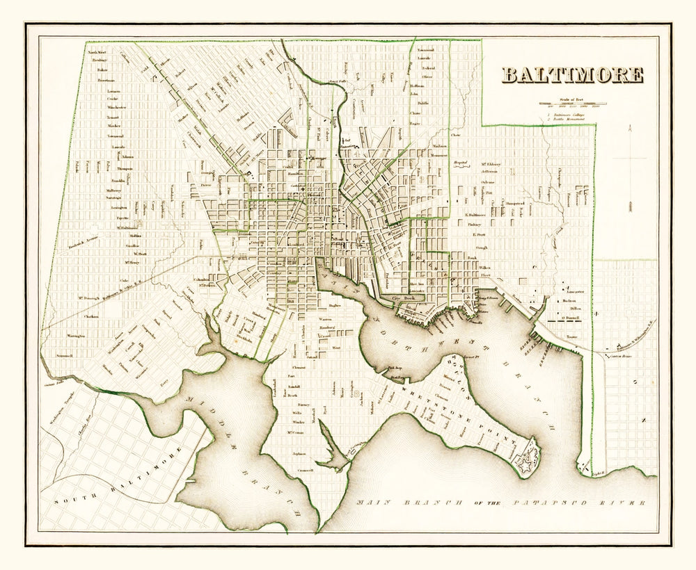 Vintage Map of Baltimore, Maryland 1838 print style example