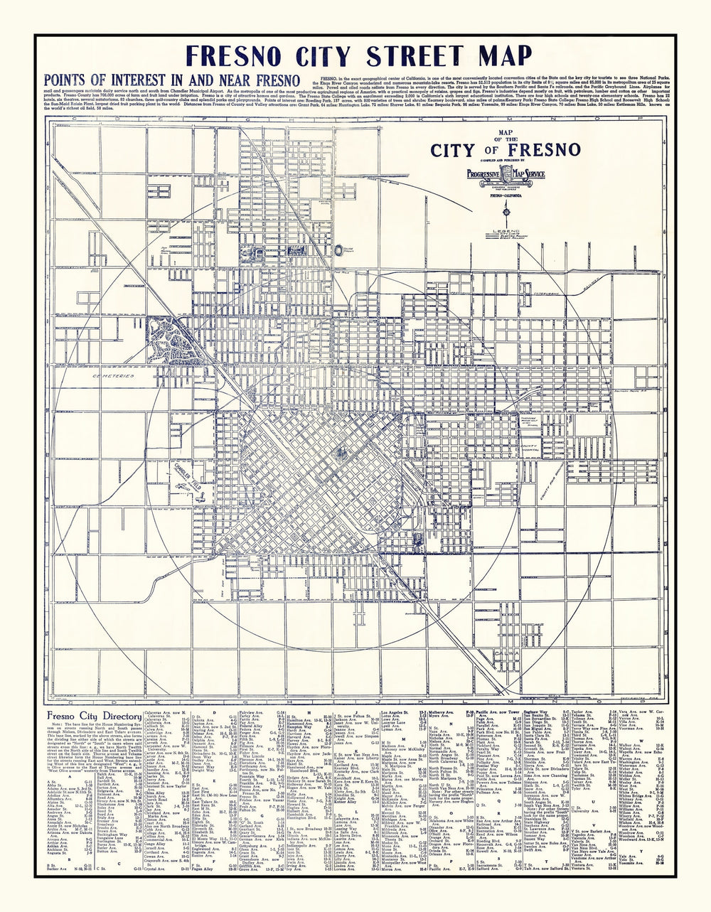 Vintage Map of Fresno, California 1925 print style example