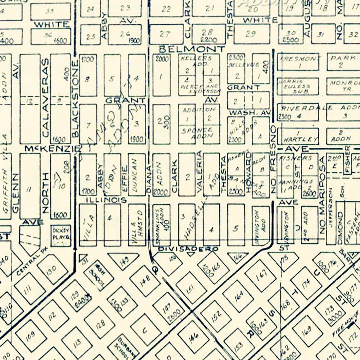 Restored historic details from the 1920 city map of Fresno, California