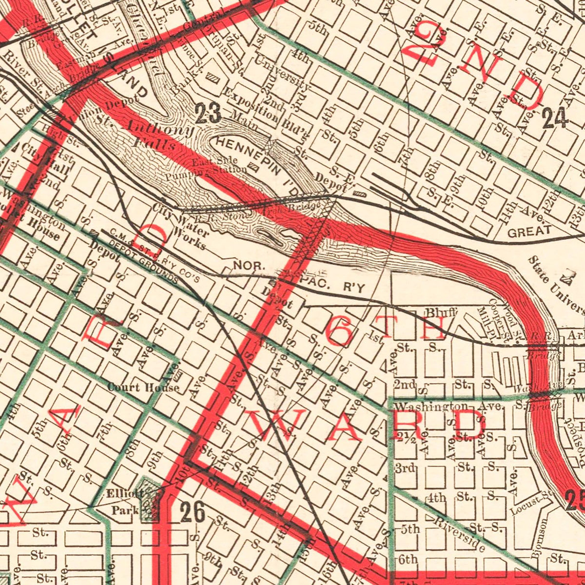 Restored historic details from the 1891 city map of Minneapolis, Minnesota