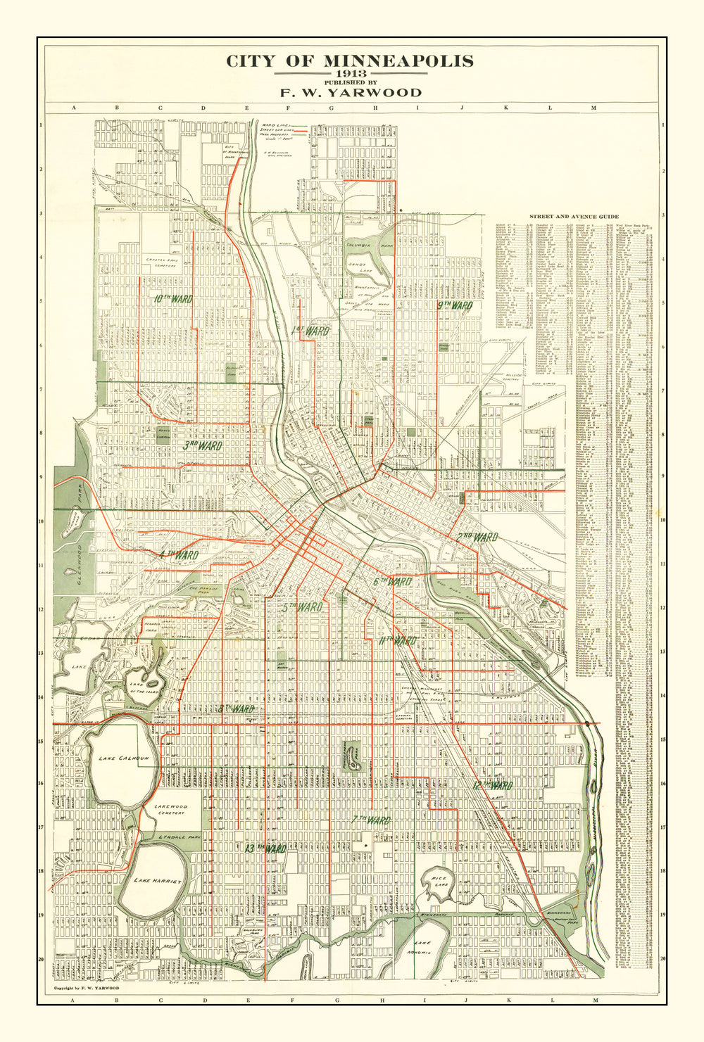 Vintage Map of Minneapolis, Minnesota 1913 print style example