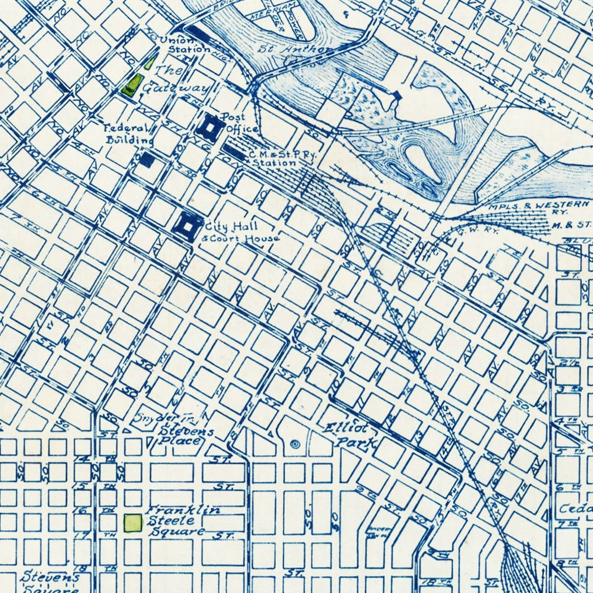 Restored historic details from the 1922 city map of Minneapolis, Minnesota