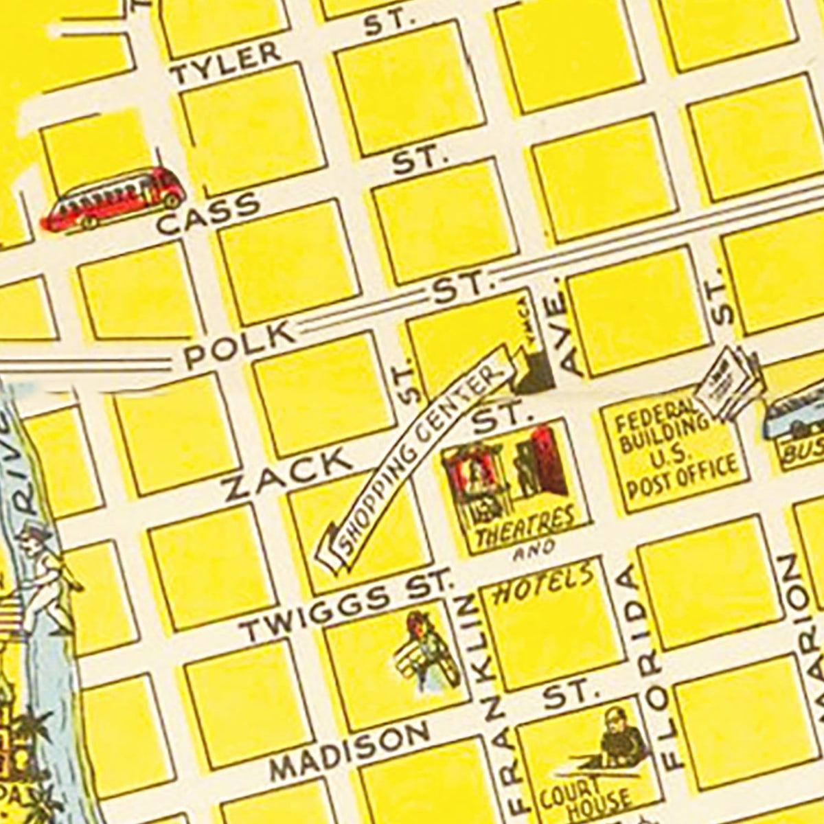 Restored historic details from the 1950 city map of Tampa, Florida