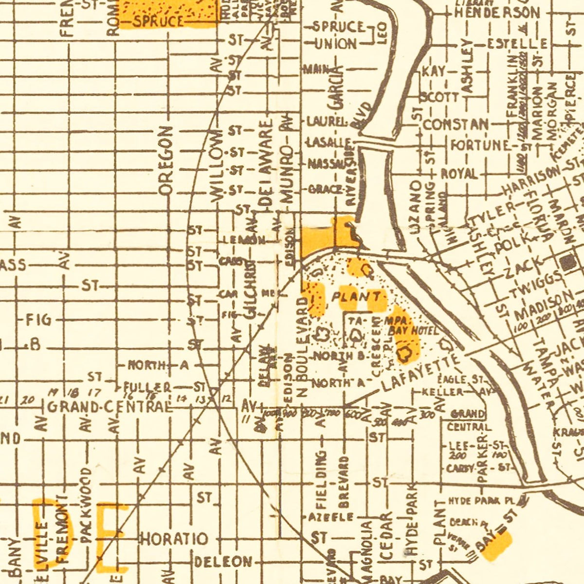 Restored historic details from the 1947 city map of Tampa, Florida