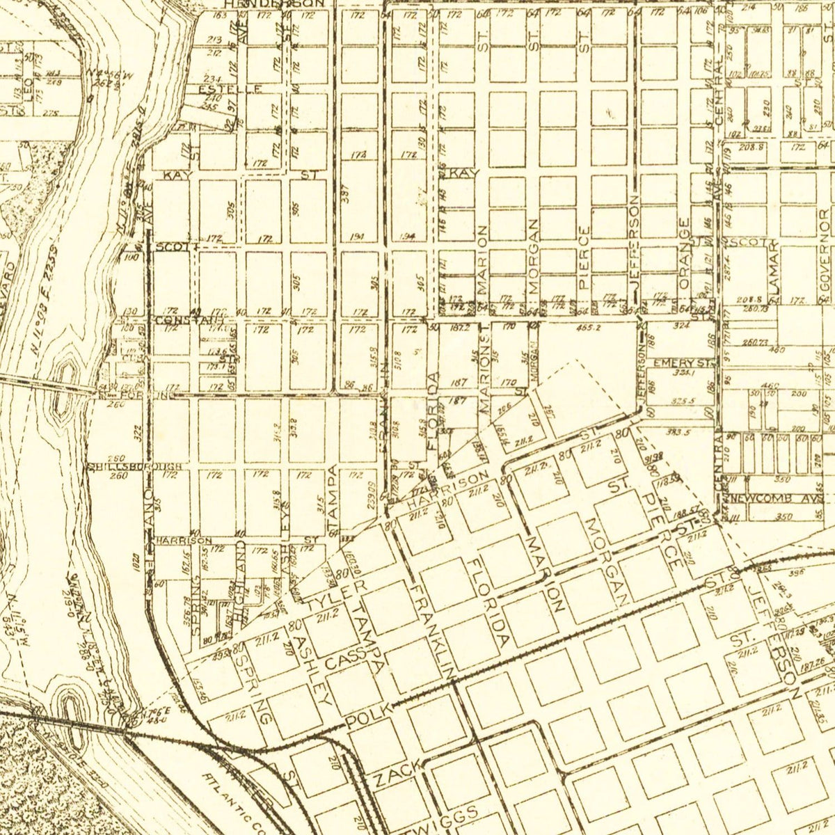 Restored historic details from the 1913 city map of Tampa, Florida