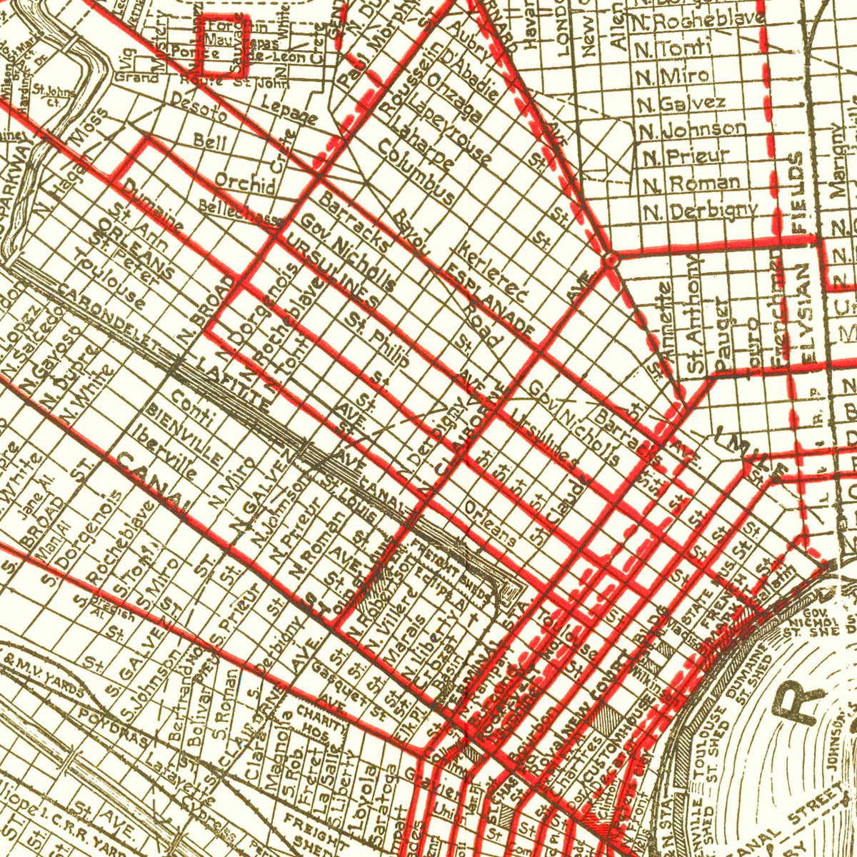 Restored historic details from the 1925 city map of New Orleans, Louisiana