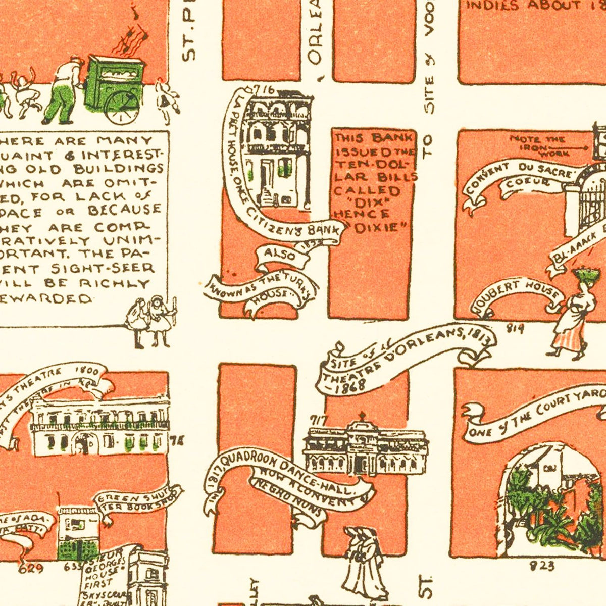 Restored historic details from the 1929 city map of New Orleans, Louisiana