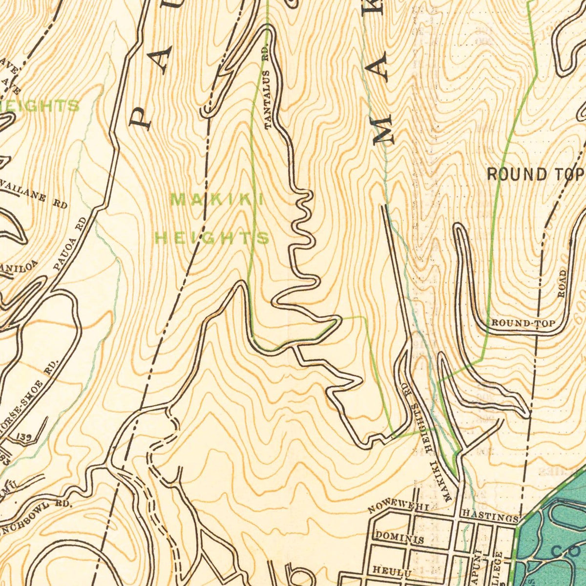 Restored historic details from the 1922 city map of Honolulu, Hawaii