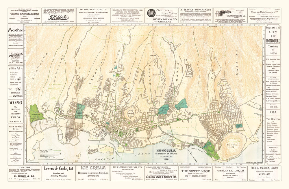 Vintage Map of Honolulu, Hawaii 1922 print style example