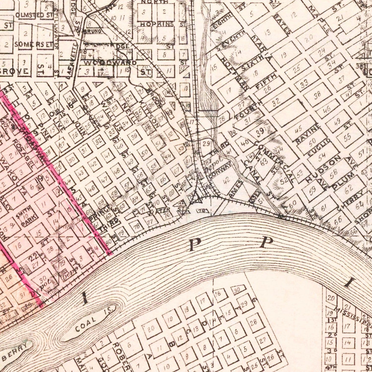 Restored historic details from the 1874 city map of St. Paul, Minnesota