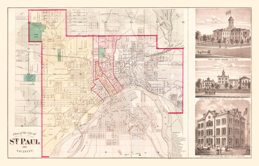 Vintage Map of St. Paul, Minnesota 1874 print style example
