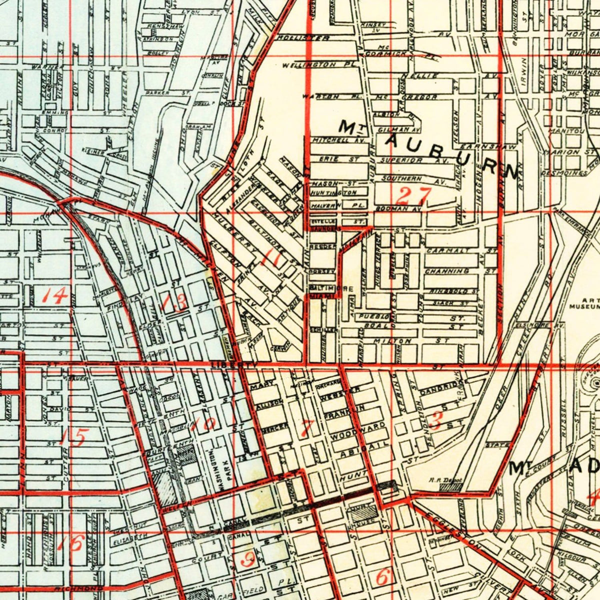 Restored historic details from the 1895 city map of Cincinnati, Ohio