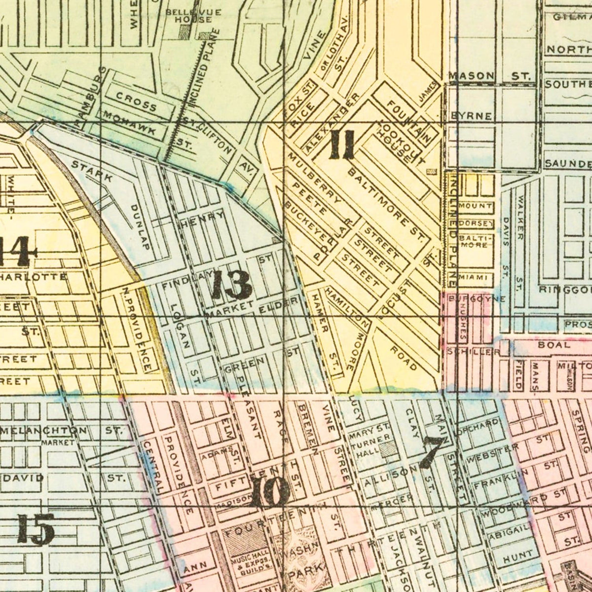 Restored historic details from the 1875 city map of Cincinnati, Ohio