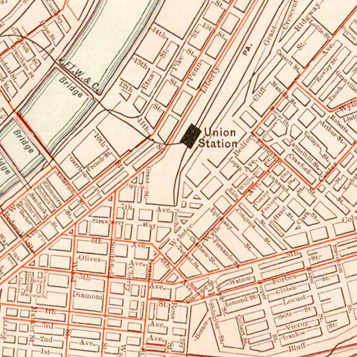 Restored historic details from the 1912 city map of Pittsburgh, Pennsylvania