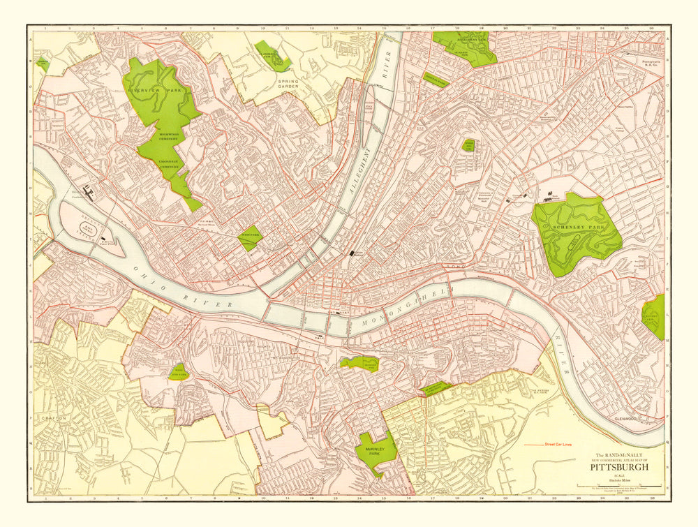 Vintage Map of Pittsburgh, Pennsylvania 1912 print style example
