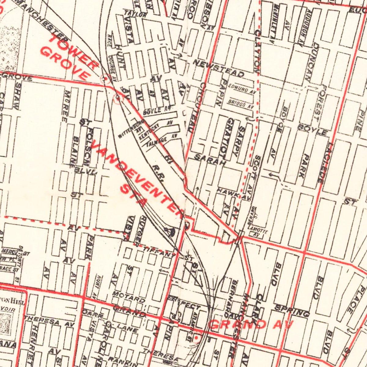 Restored historic details from the 1894 city map of St. Louis, Missouri
