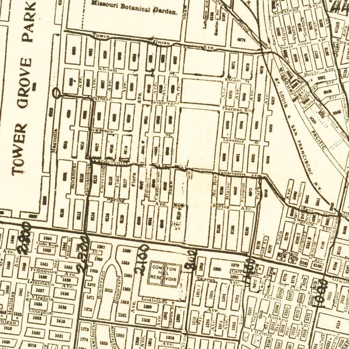 Restored historic details from the 1901 city map of St. Louis, Missouri