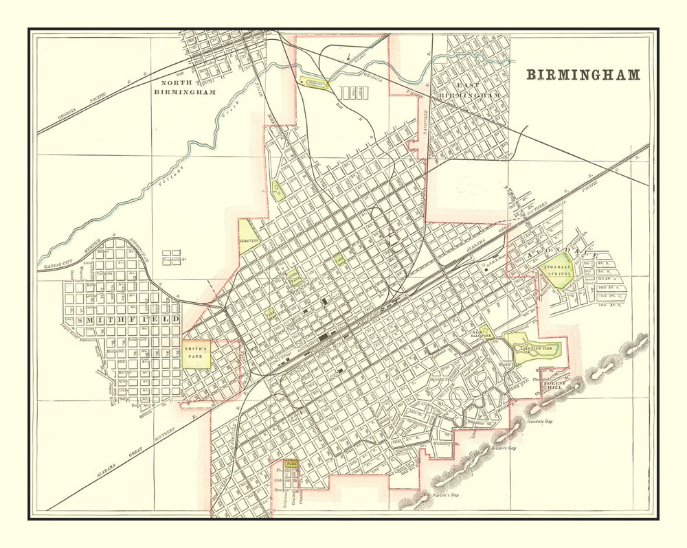 Vintage Map of Birmingham, Alabama 1895 print style example