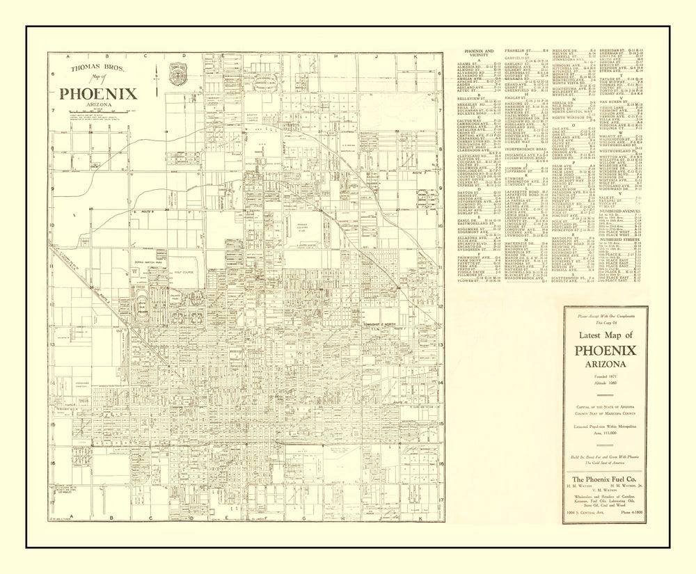 Vintage Map of Phoenix, Arizona 1935 print style example