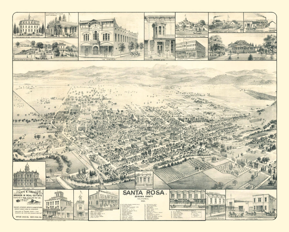 Vintage Map of Santa Rosa, California 1885 print style example