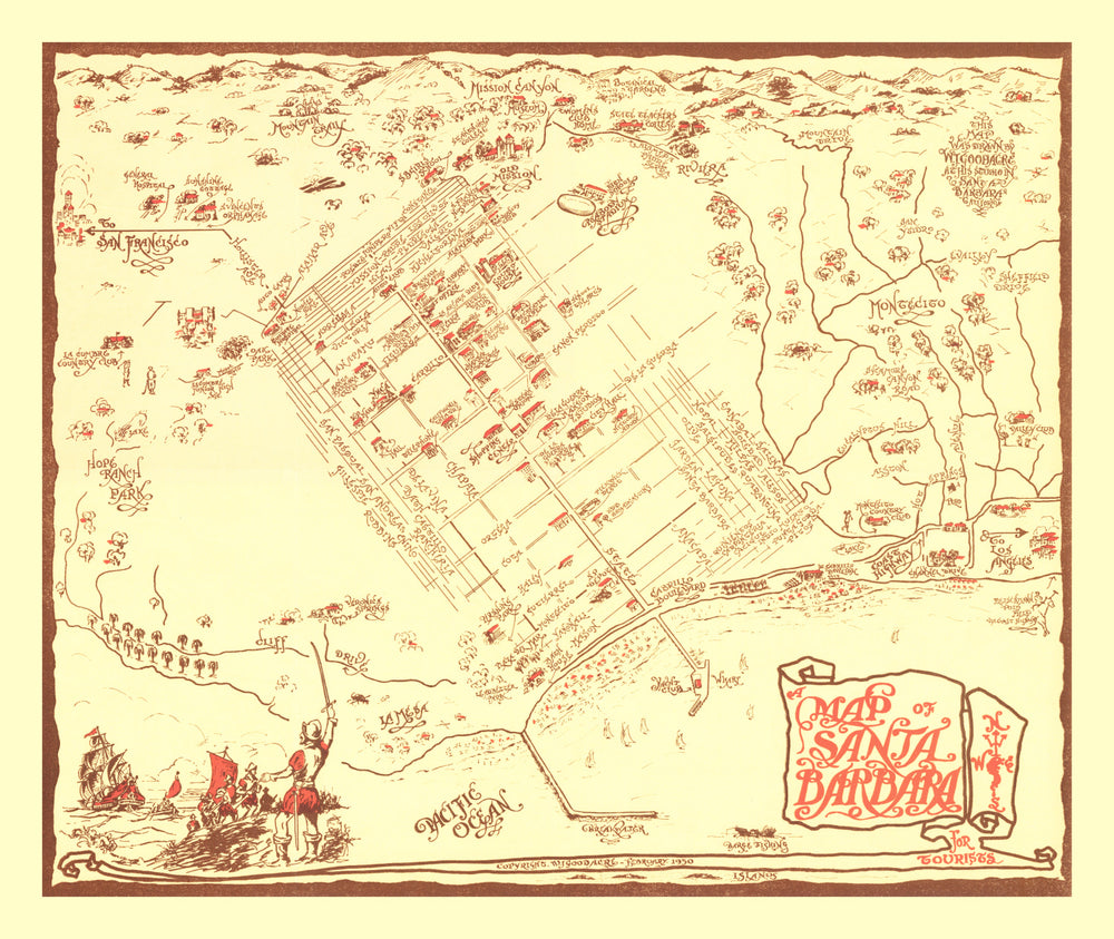 Vintage Map of Santa Barbara, California 1930 print style example