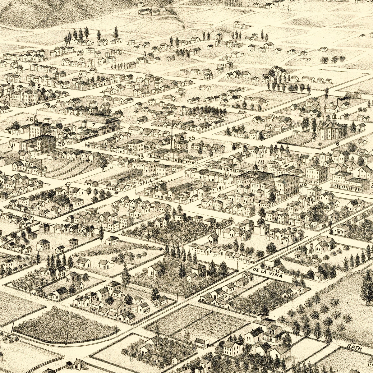 Restored historic details from the 1877 city map of Santa Barbara, California