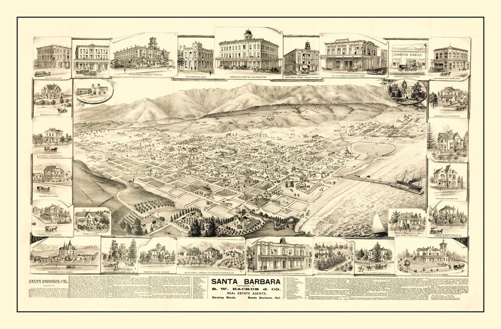 Vintage Map of Santa Barbara, California 1877 print style example