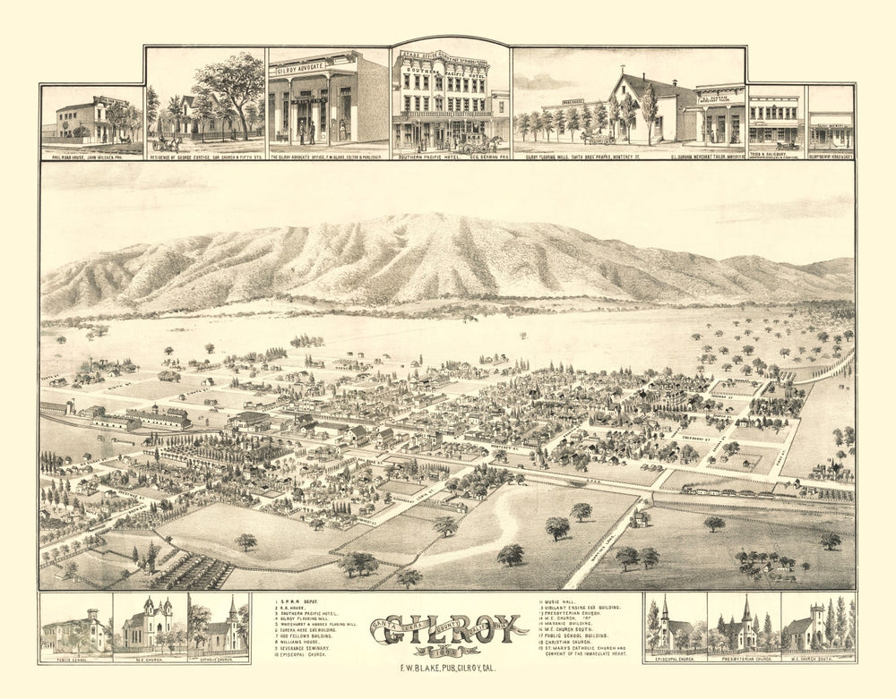 Vintage Map of Gilroy, California 1885 print style example